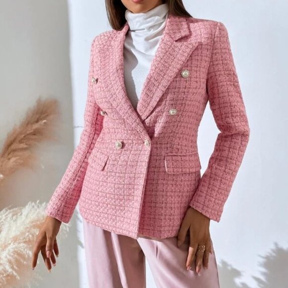 Pink Tweed Plaid Double Breasted Blazer - Picture 2 of 6